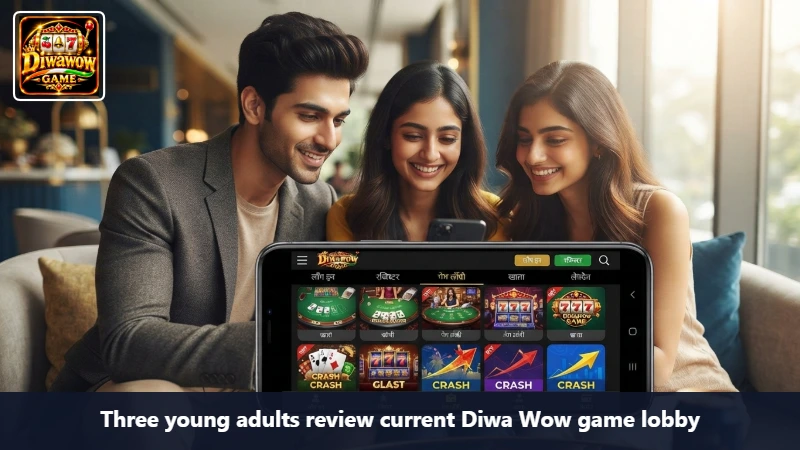 Three young adults review current Diwa Wow game lobby