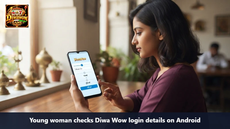 Young woman checks Diwa Wow login details on Android